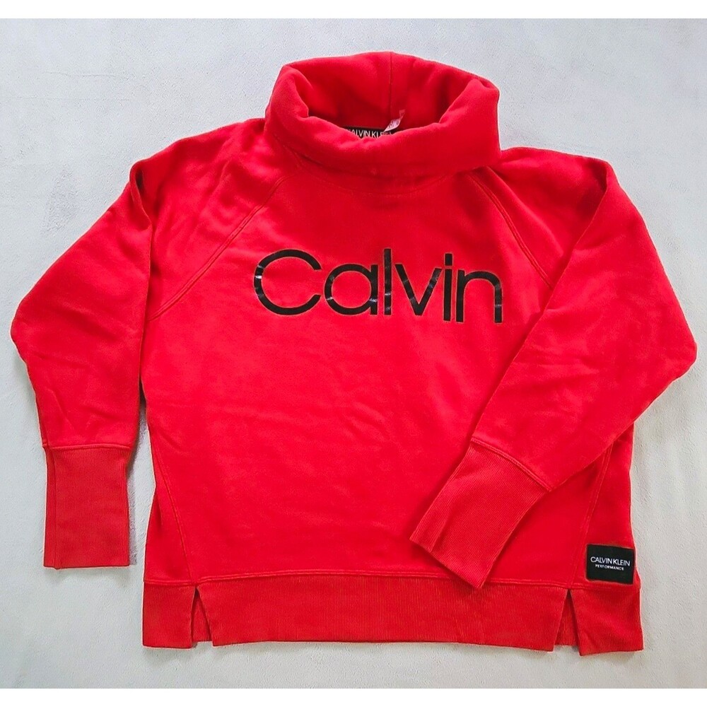 Calvin Klein Performance Red Logo Graphic Mock Neck Pullover Sweatshirt Womens M